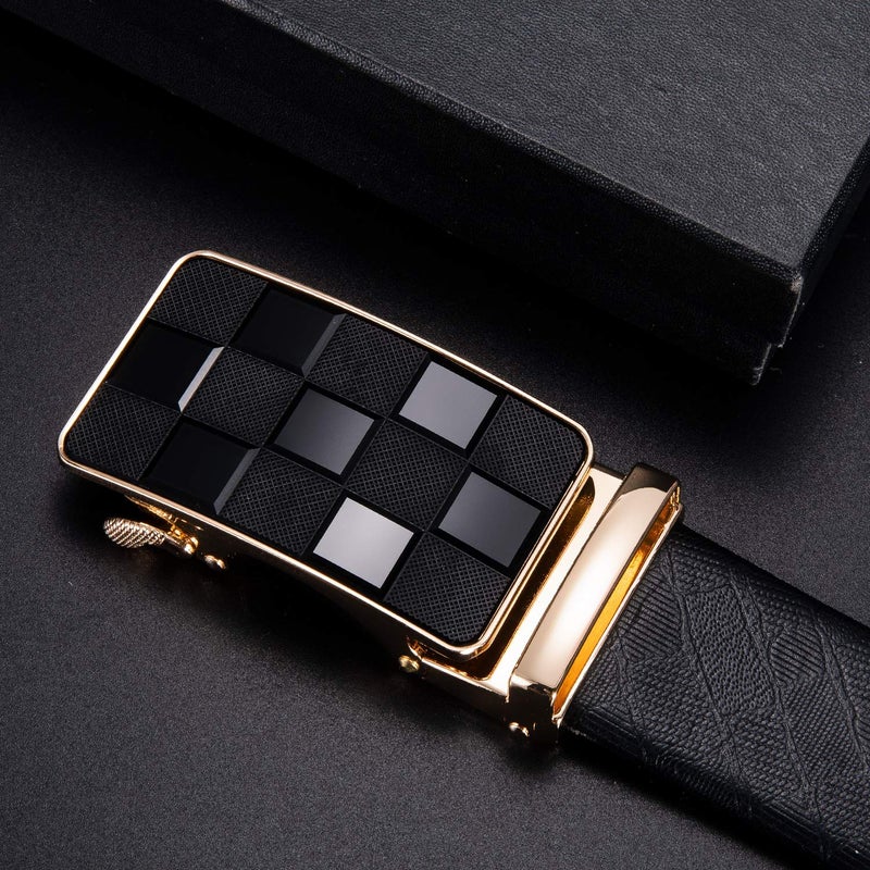 Dubulle Designer Men Leather Belt Fashion Black Plaid Sliding Adjustable Automaitc Rachet Buckle for Dress Casual - Image 3